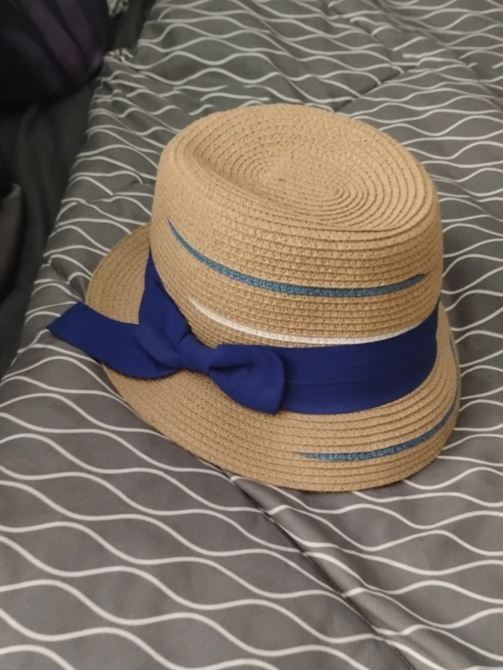 Straw Cloche Hat with Blue Ribbon